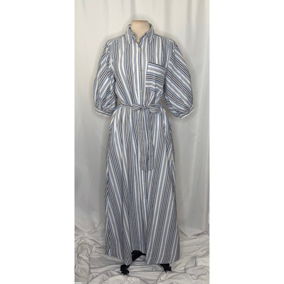 Anthropologie MAEVE Mona Tie Waist Shirt Dress Blue White Stripe Maxi Medium - Picture 3 of 16